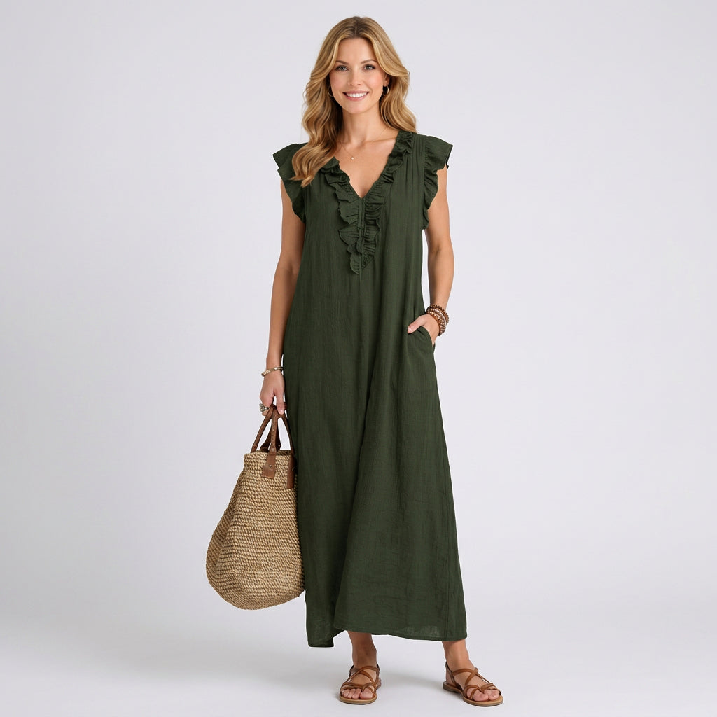 Ruffle V-Neck Linen Maxi Dress with Pockets