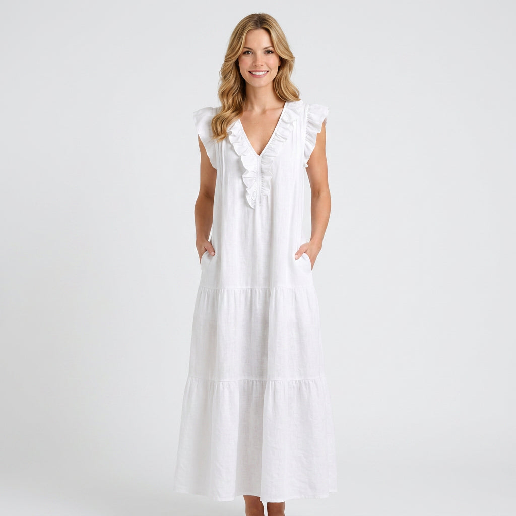 Ruffle V-Neck Linen Maxi Dress with Pockets