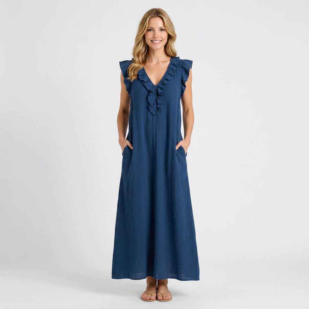 Ruffle V-Neck Linen Maxi Dress with Pockets