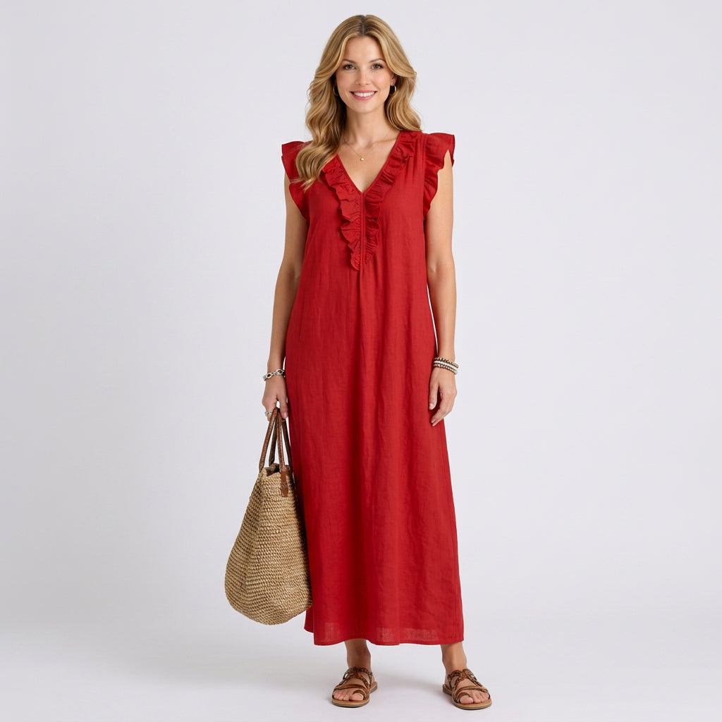 Ruffle V-Neck Linen Maxi Dress with Pockets