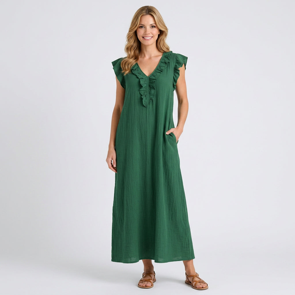 Ruffle V-Neck Linen Maxi Dress with Pockets