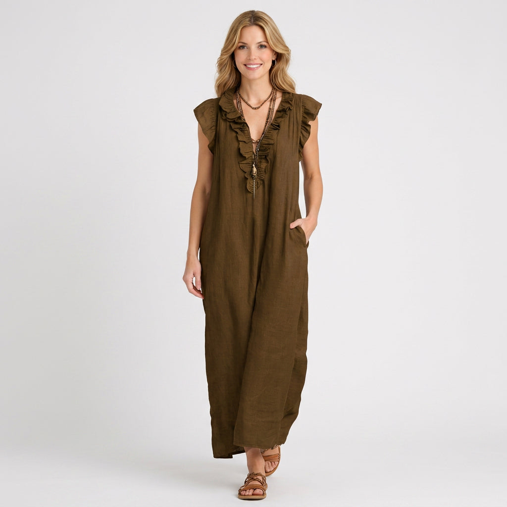 Ruffle V-Neck Linen Maxi Dress with Pockets