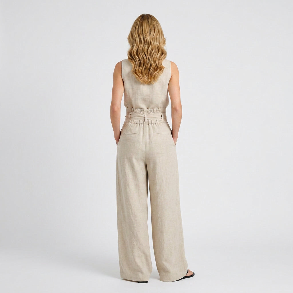 Linen High-Neck Top and Wide-Leg Trouser Set