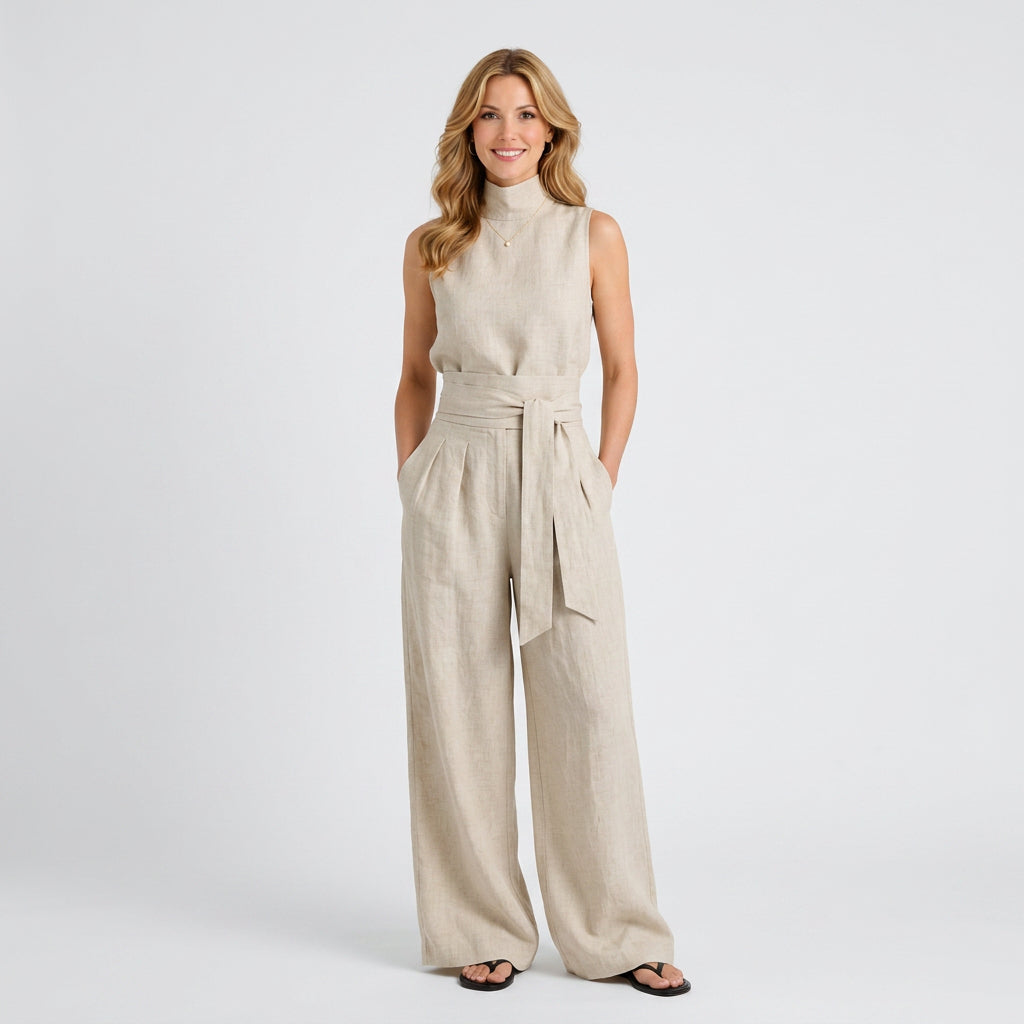 Linen High-Neck Top and Wide-Leg Trouser Set