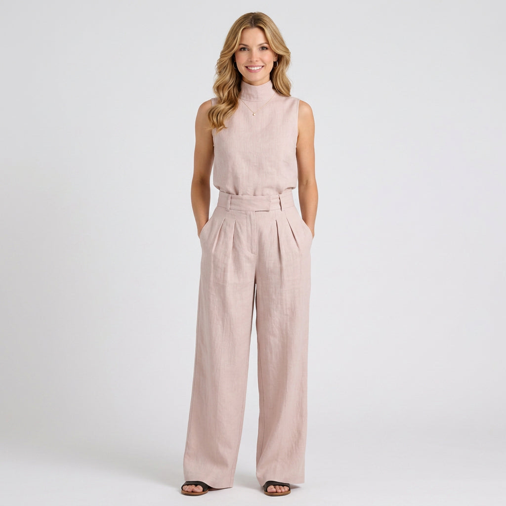 Linen High-Neck Top and Wide-Leg Trouser Set