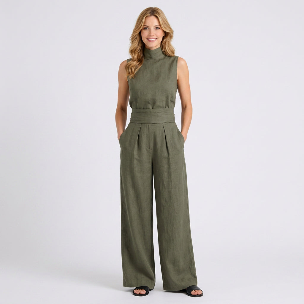 Linen High-Neck Top and Wide-Leg Trouser Set