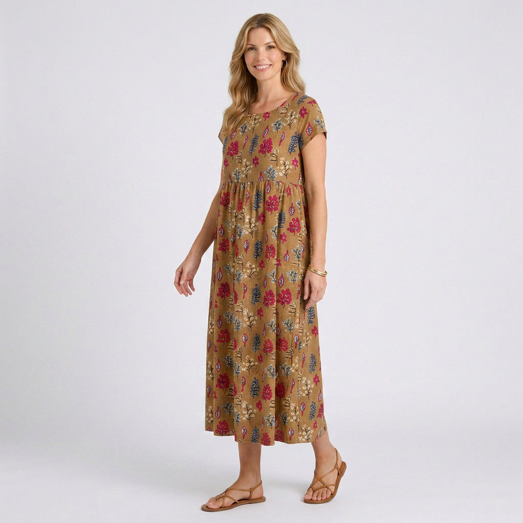 Floral Print A-Line Midi Dress with Pockets