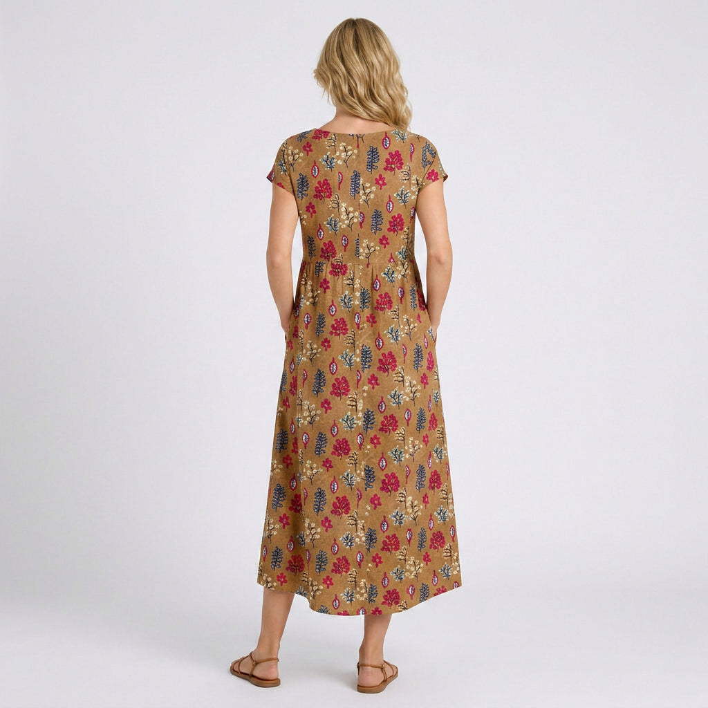 Floral Print A-Line Midi Dress with Pockets