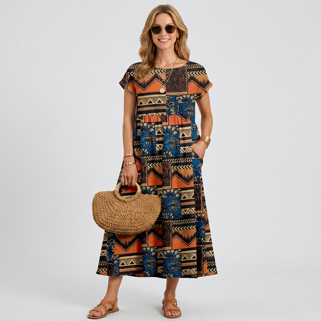 Floral Print A-Line Midi Dress with Pockets