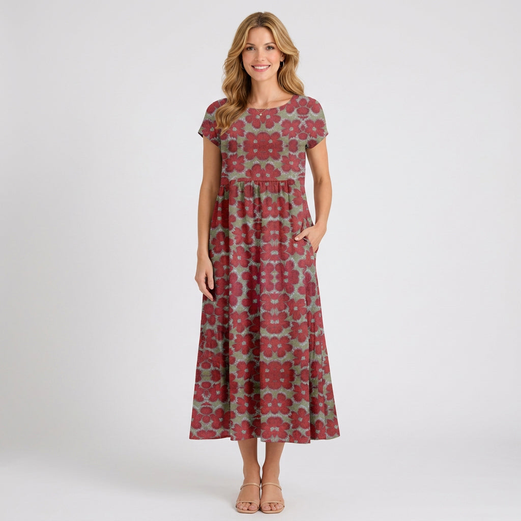 Floral Print A-Line Midi Dress with Pockets