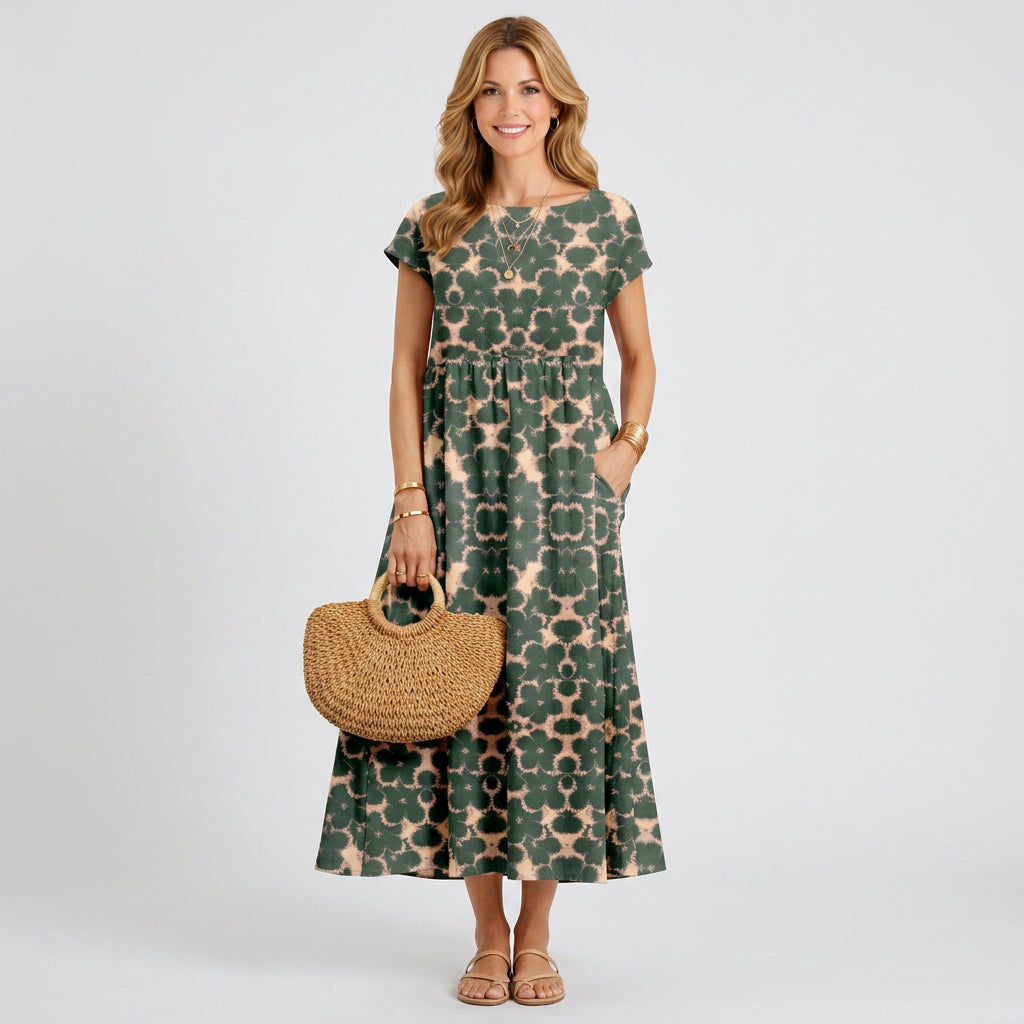 Floral Print A-Line Midi Dress with Pockets