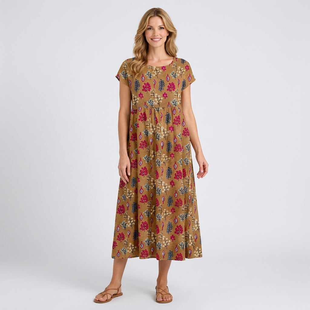 Floral Print A-Line Midi Dress with Pockets