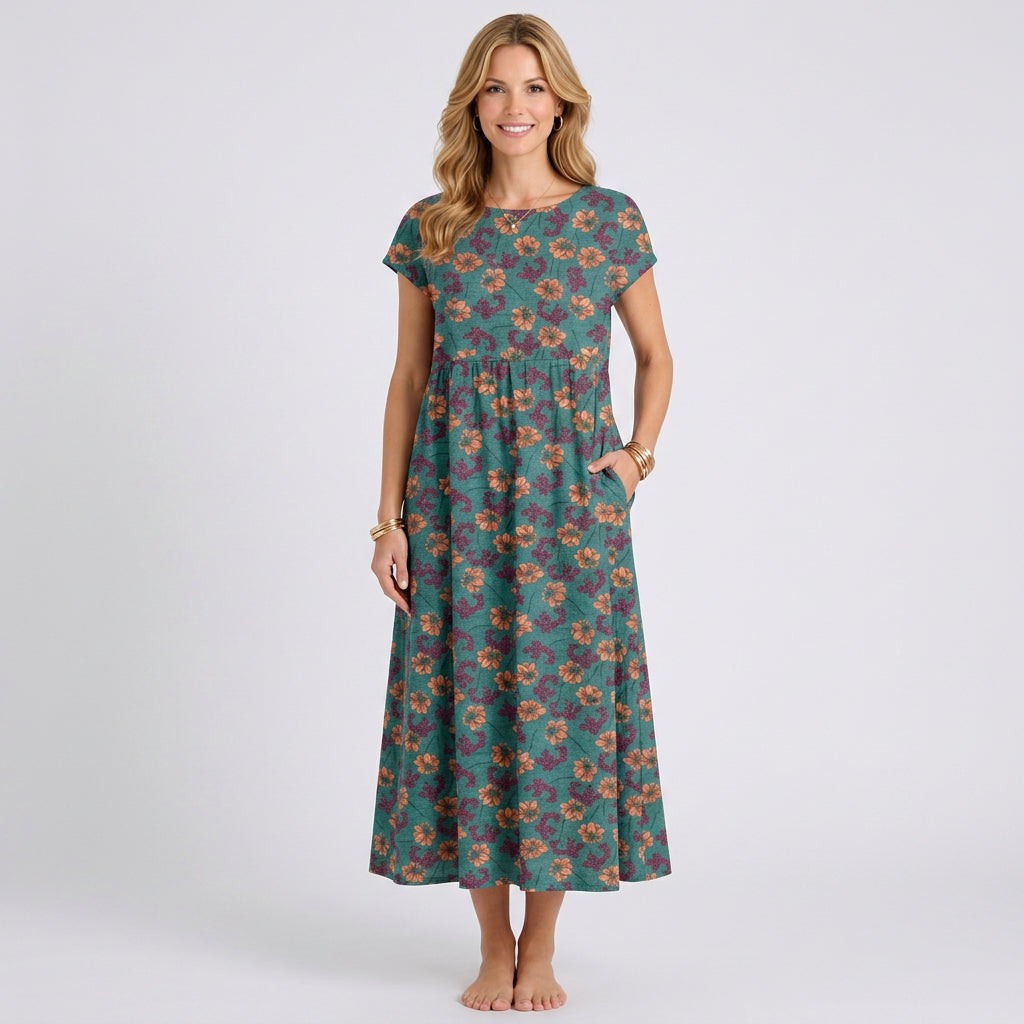 Floral Print A-Line Midi Dress with Pockets
