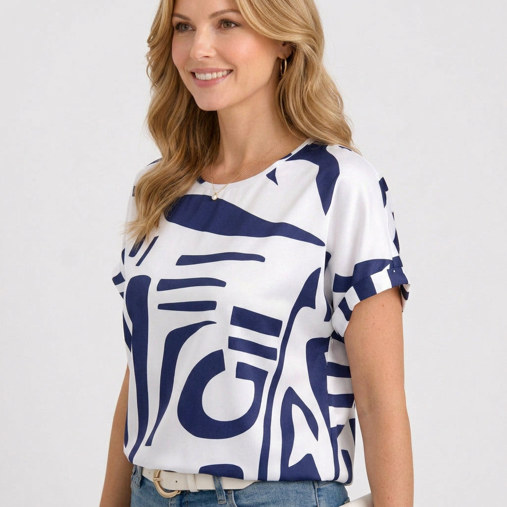 Abstract Print Round Neck Top with Short Sleeves