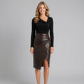 Women’s Long Sleeve Bodysuit and Faux Leather Midi Skirt