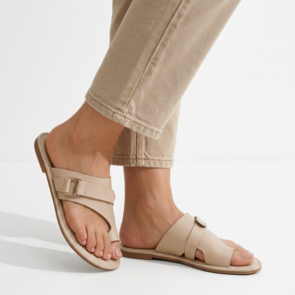Toe-Ring Flat Slide Sandals with Buckle Detail
