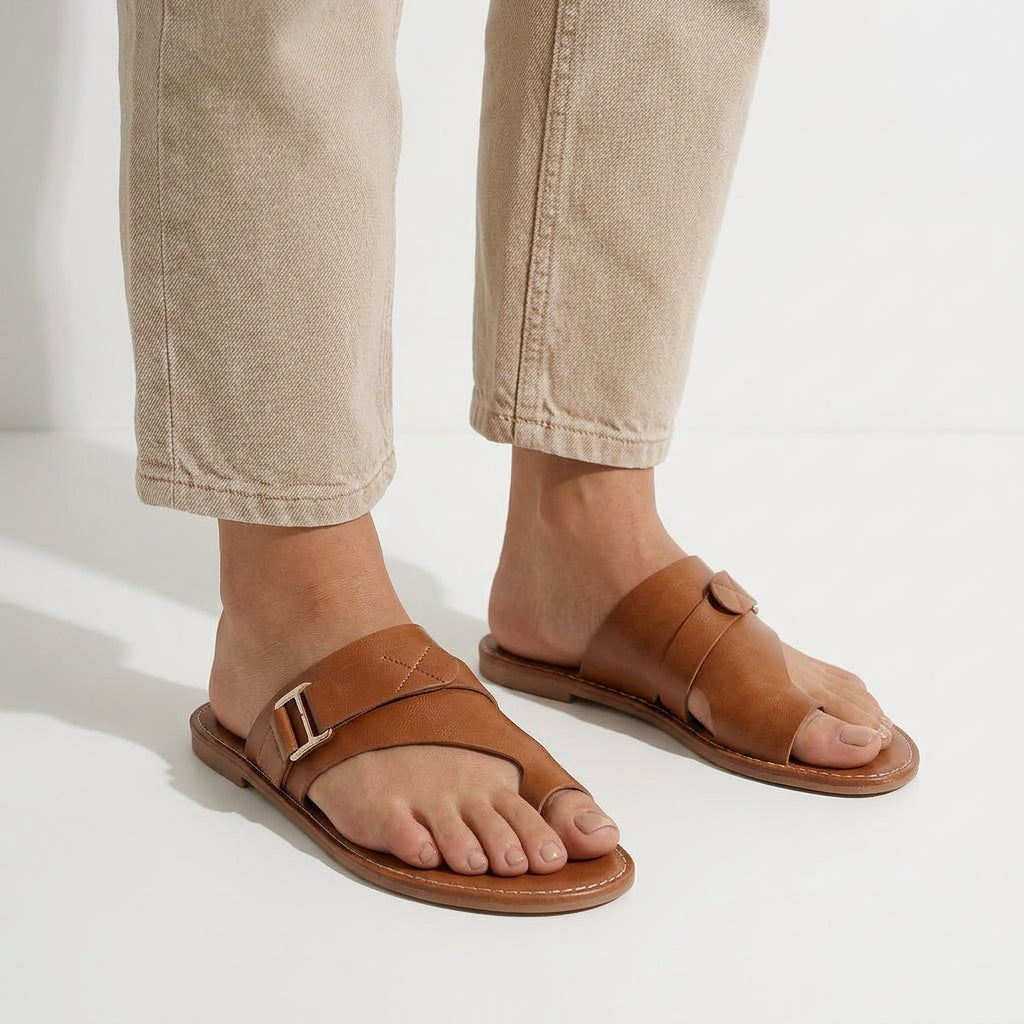Toe-Ring Flat Slide Sandals with Buckle Detail