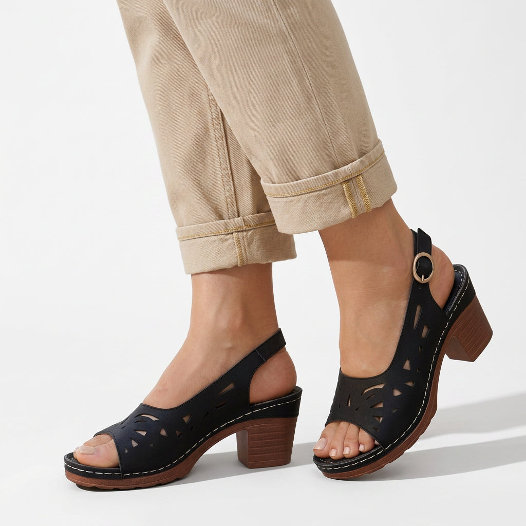 Cut-Out Peep-Toe Block Heel Slingback Sandals