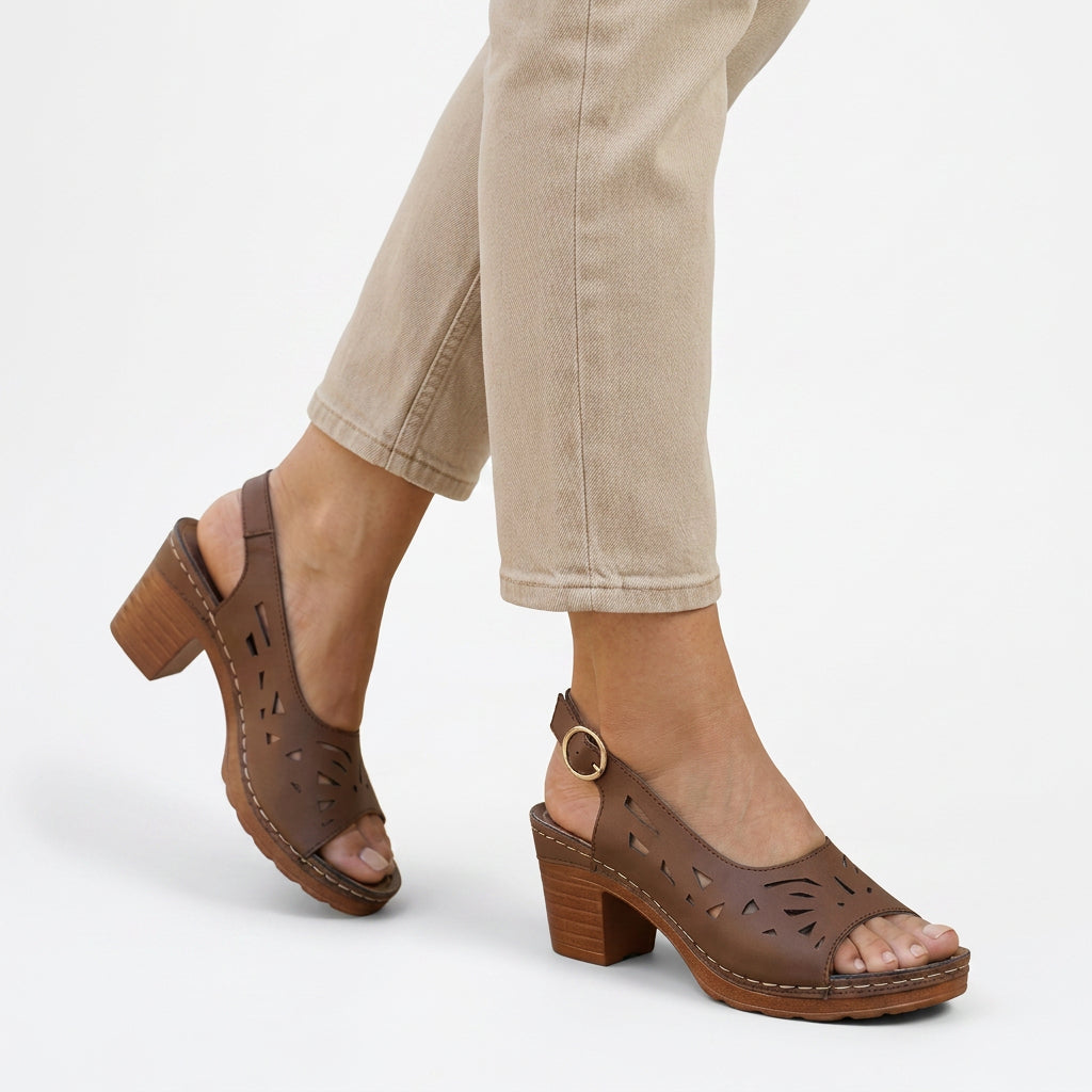 Cut-Out Peep-Toe Block Heel Slingback Sandals
