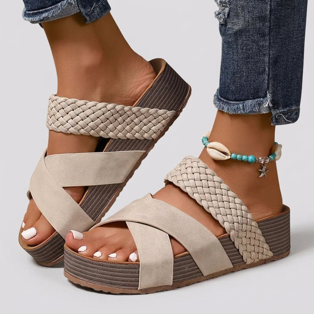 Woven Cross-Strap Platform Wedge Slides