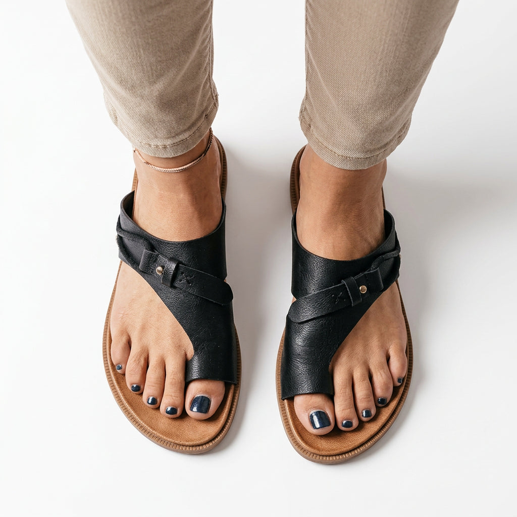 Toe-Loop Flat Slide Sandals with Distressed Finish