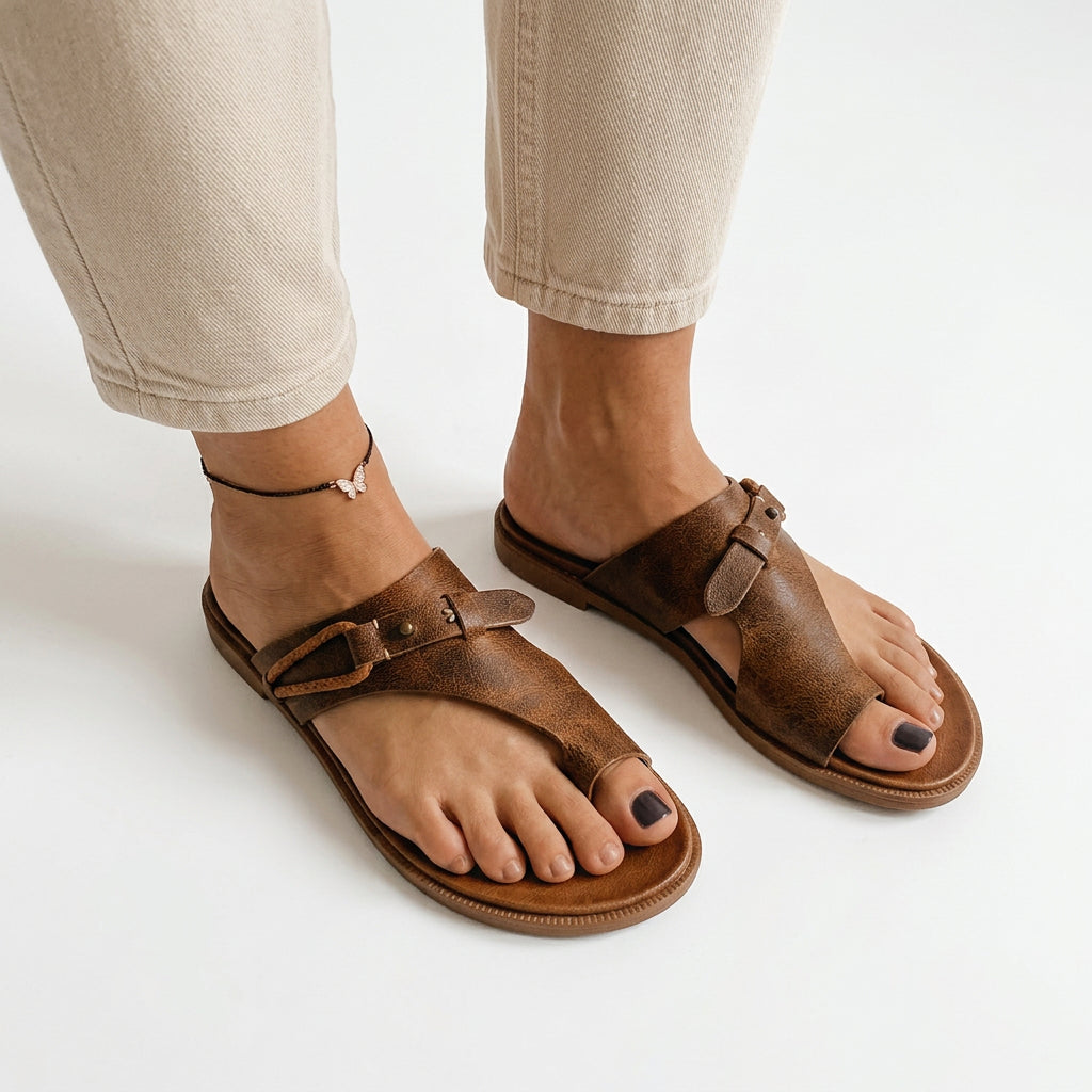 Toe-Loop Flat Slide Sandals with Distressed Finish