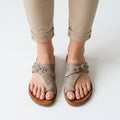 Toe-Loop Flat Slide Sandals with Distressed Finish