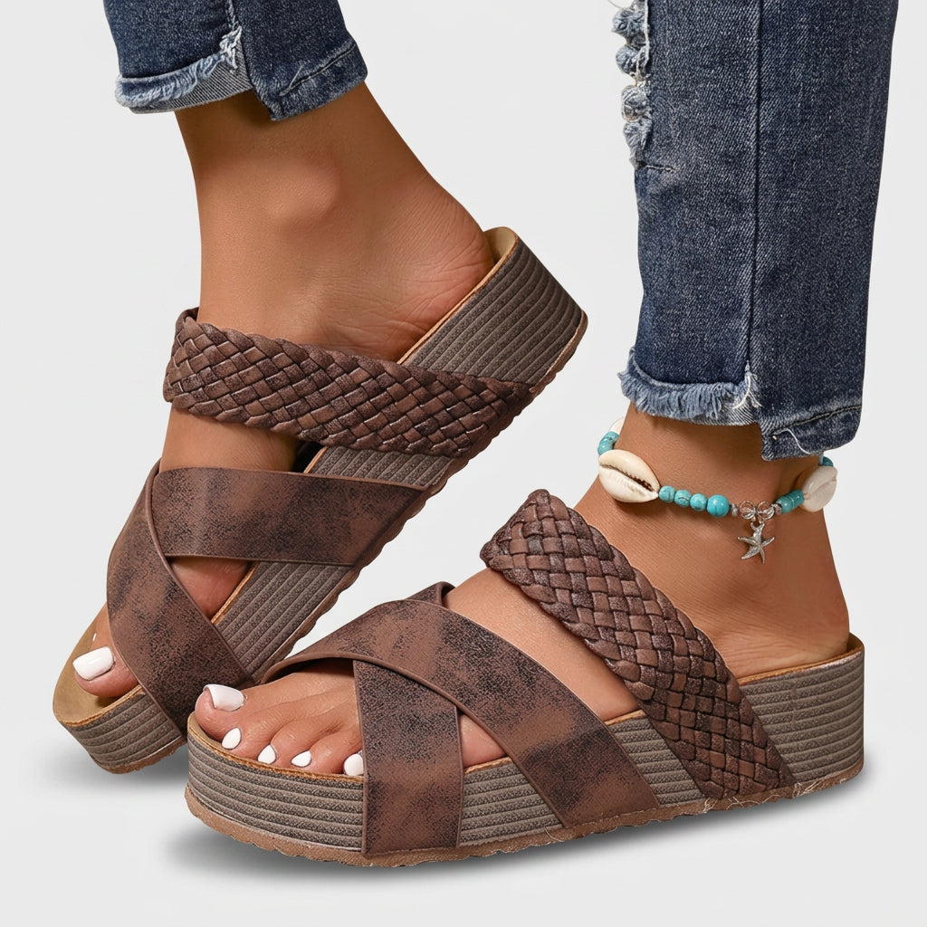 Woven Cross-Strap Platform Wedge Slides