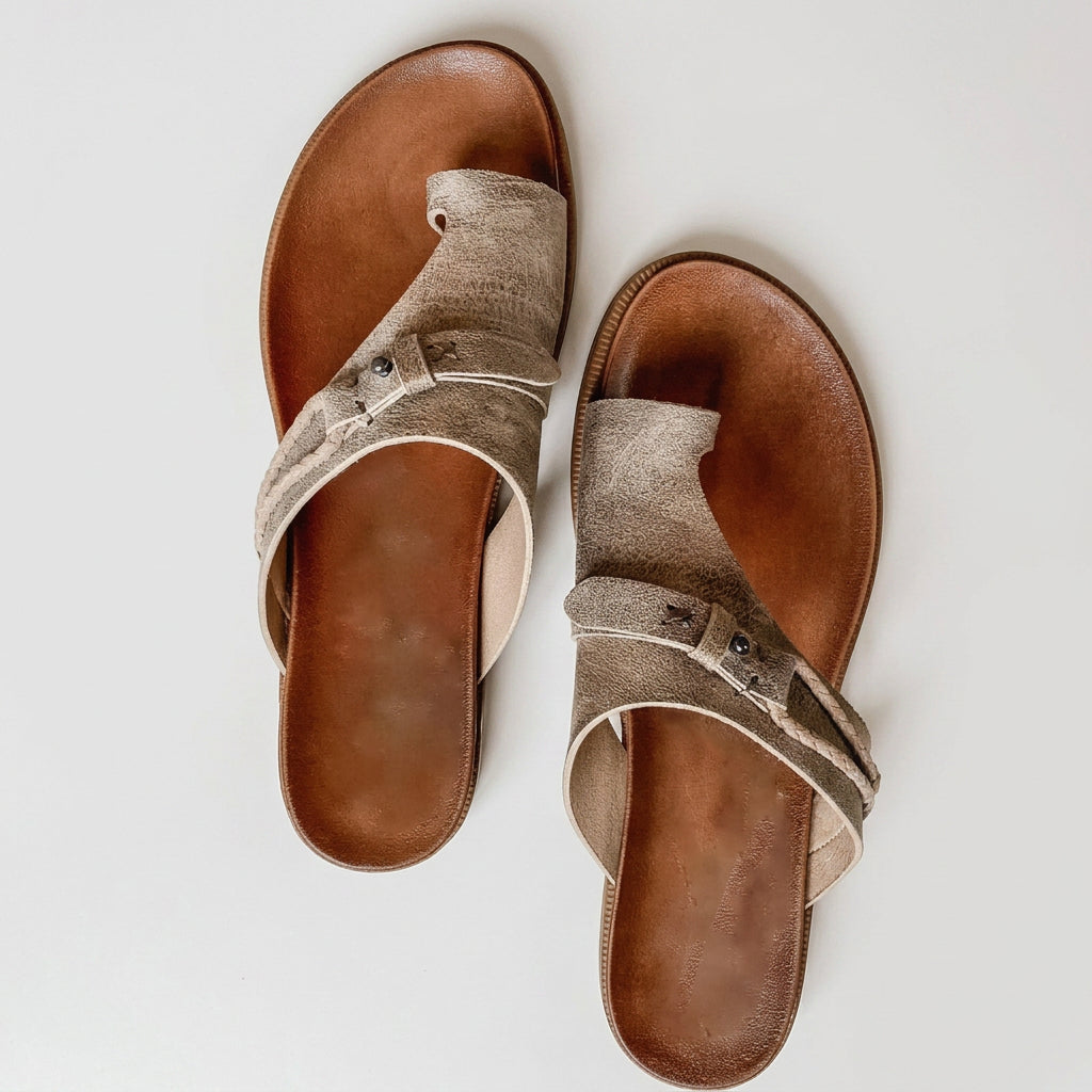 Toe-Loop Flat Slide Sandals with Distressed Finish