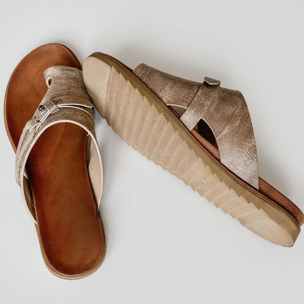 Toe-Loop Flat Slide Sandals with Distressed Finish