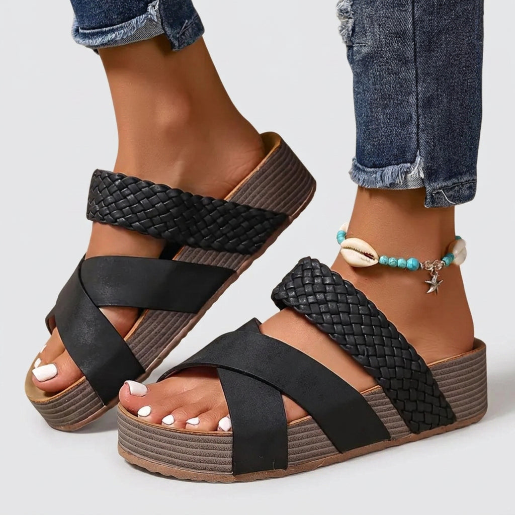 Woven Cross-Strap Platform Wedge Slides