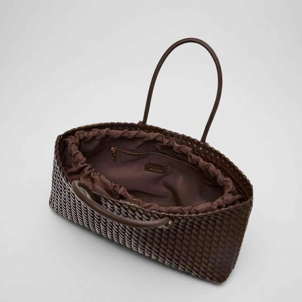 Woven Leather-Look Tote Bag with Knot Handles