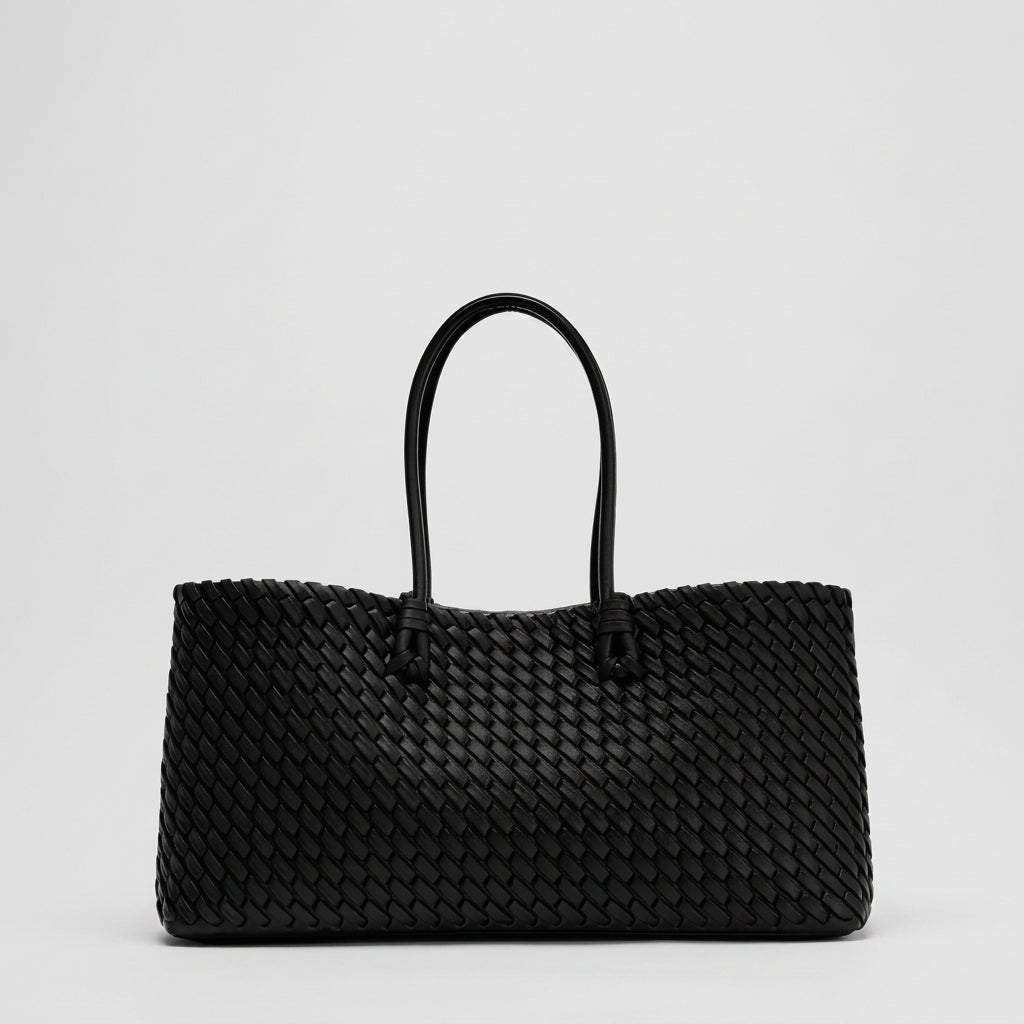 Woven Leather-Look Tote Bag with Knot Handles