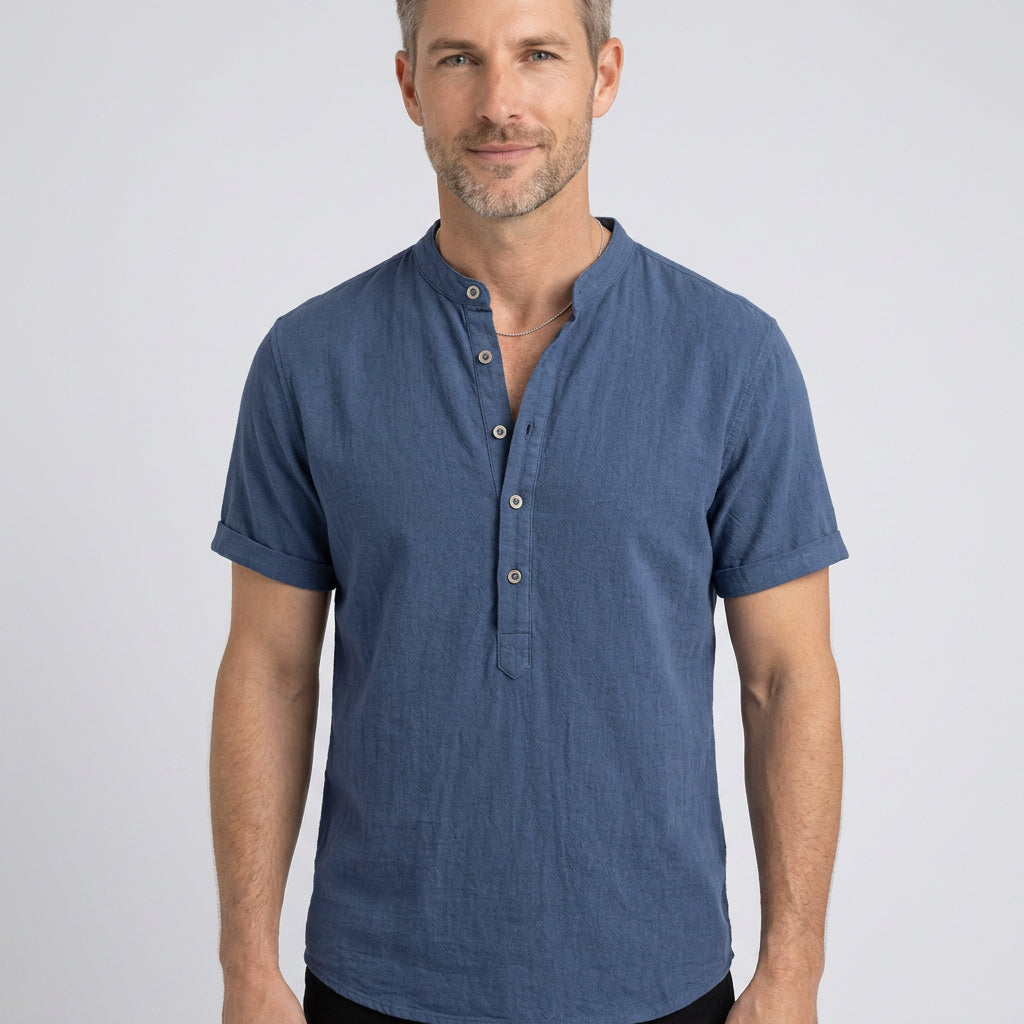 Linen Blend Short Sleeve Henley with Grandad Collar