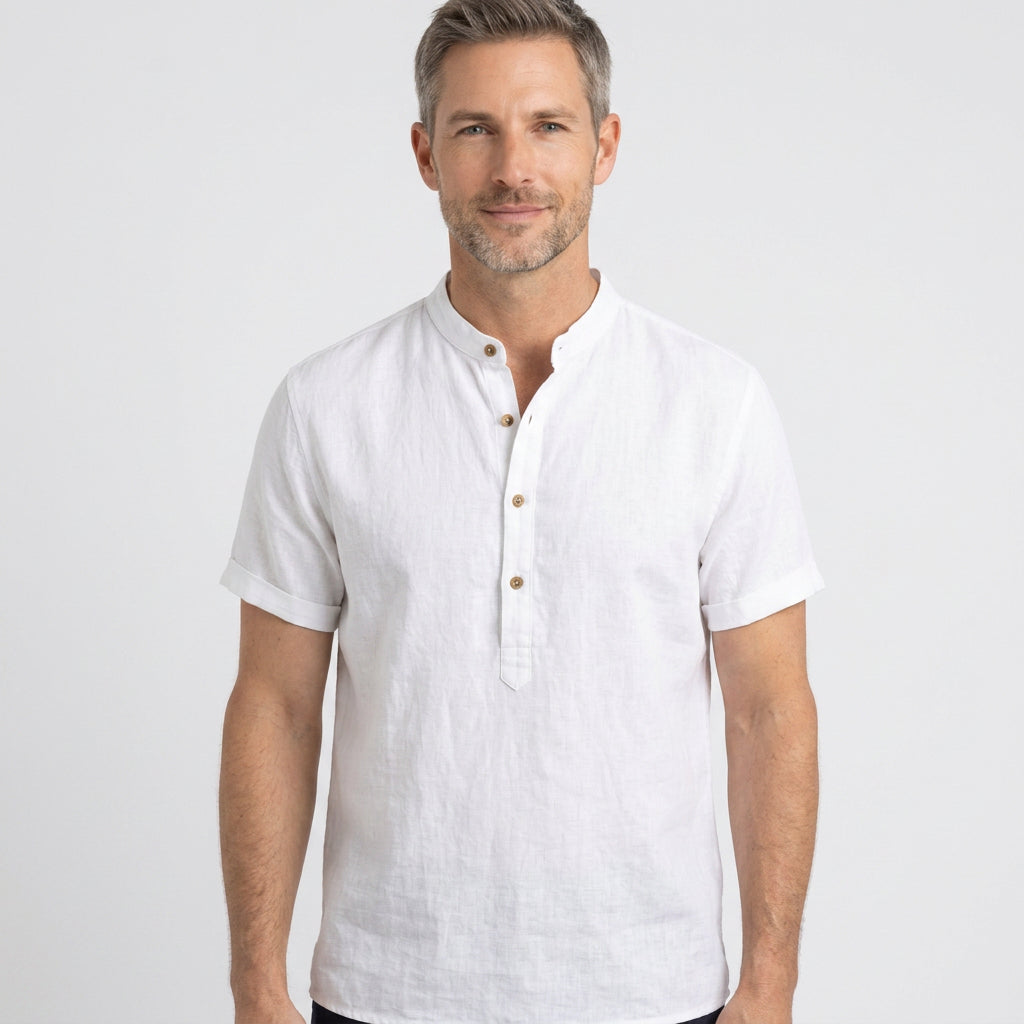 Linen Blend Short Sleeve Henley with Grandad Collar