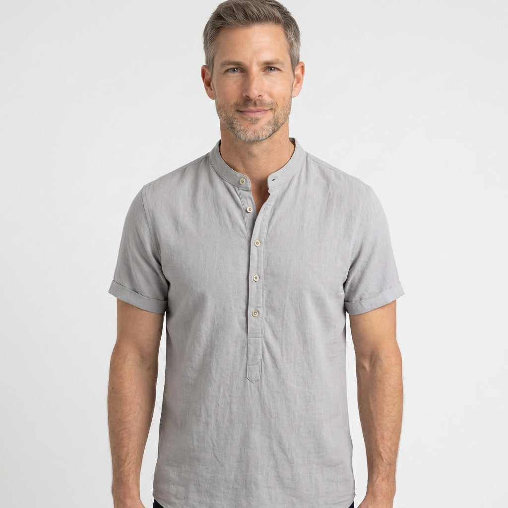 Linen Blend Short Sleeve Henley with Grandad Collar