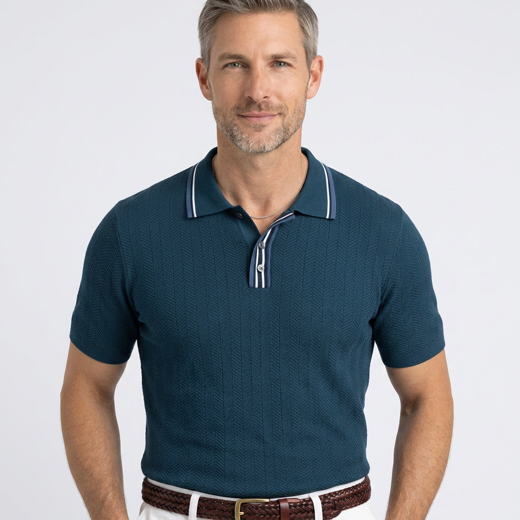 Textured Knit Polo Shirt with Contrast Tipped Collar