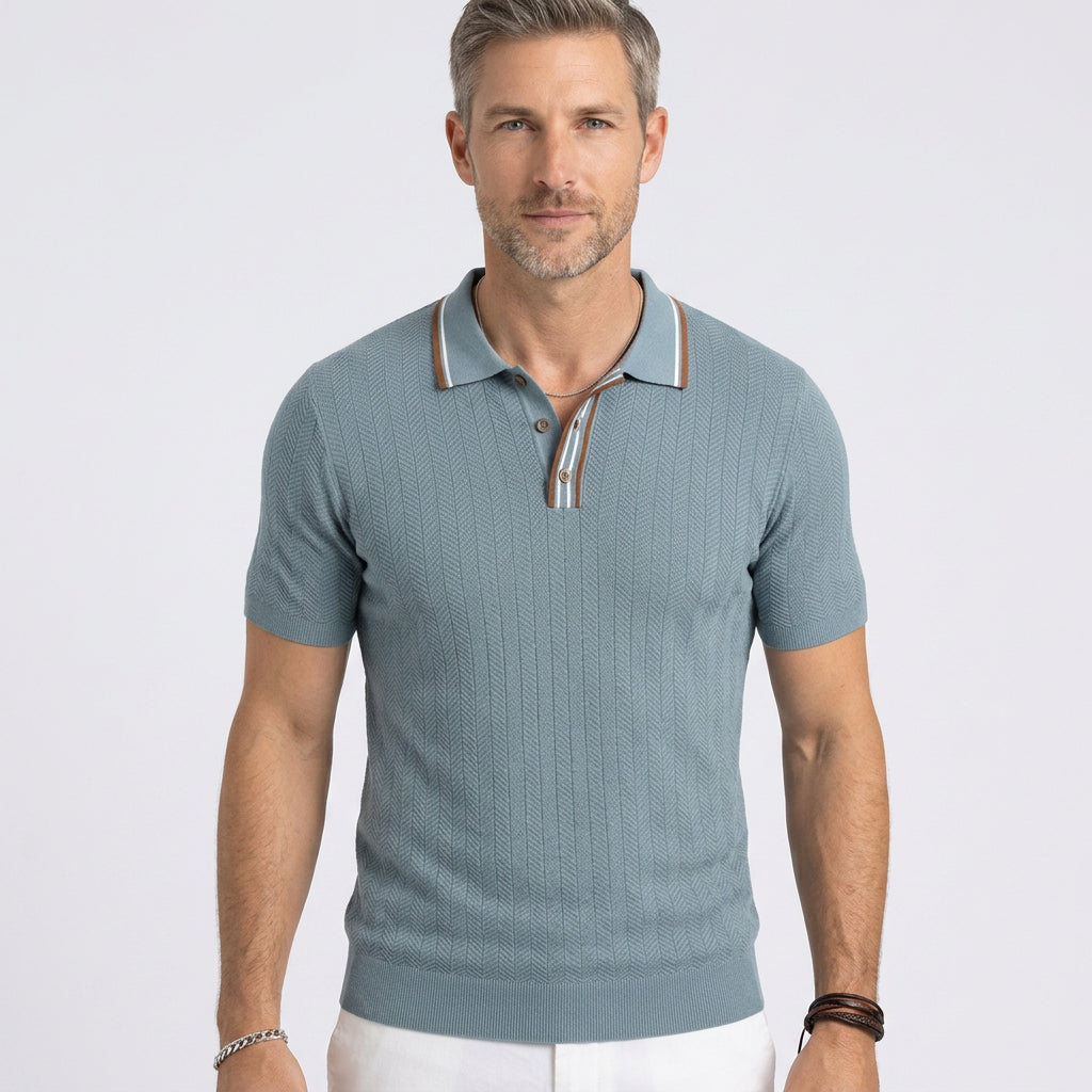 Textured Knit Polo Shirt with Contrast Tipped Collar