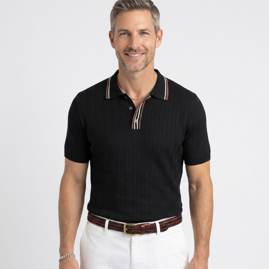 Textured Knit Polo Shirt with Contrast Tipped Collar