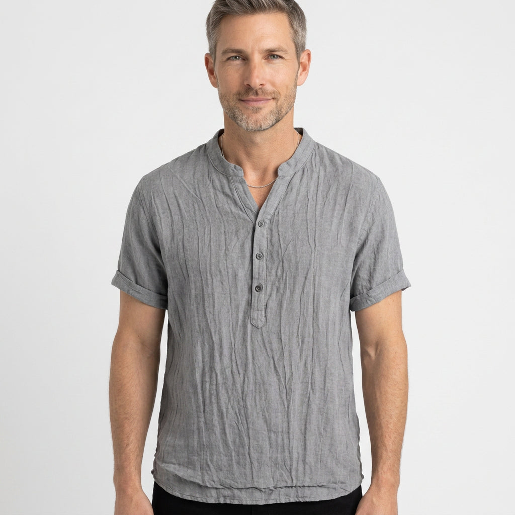 Pure Linen Short Sleeve Henley with Stand Collar