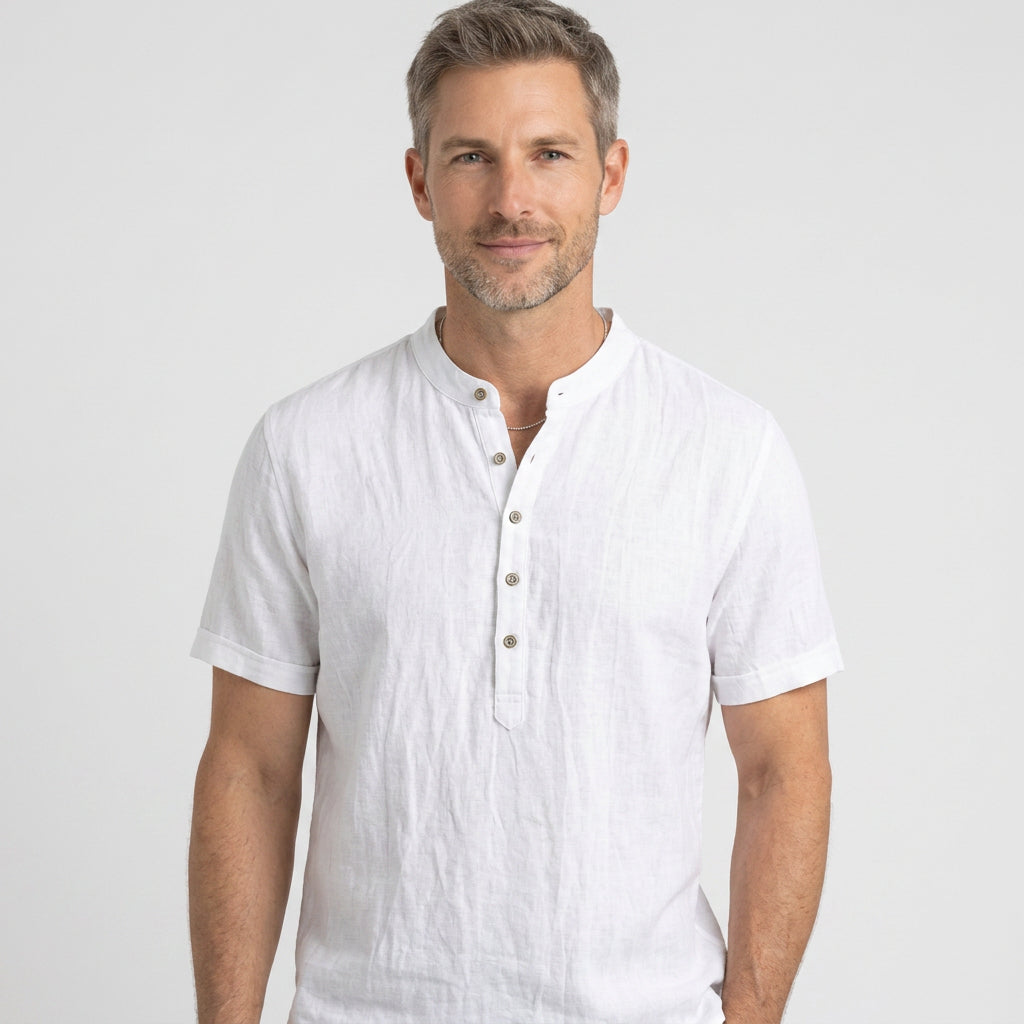 Pure Linen Short Sleeve Henley with Stand Collar