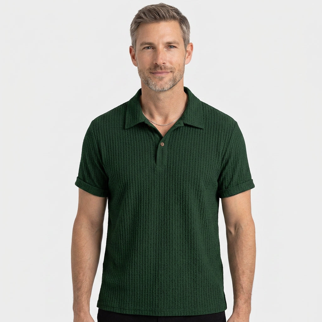 Waffle Knit Short Sleeve Polo Shirt with Open Collar