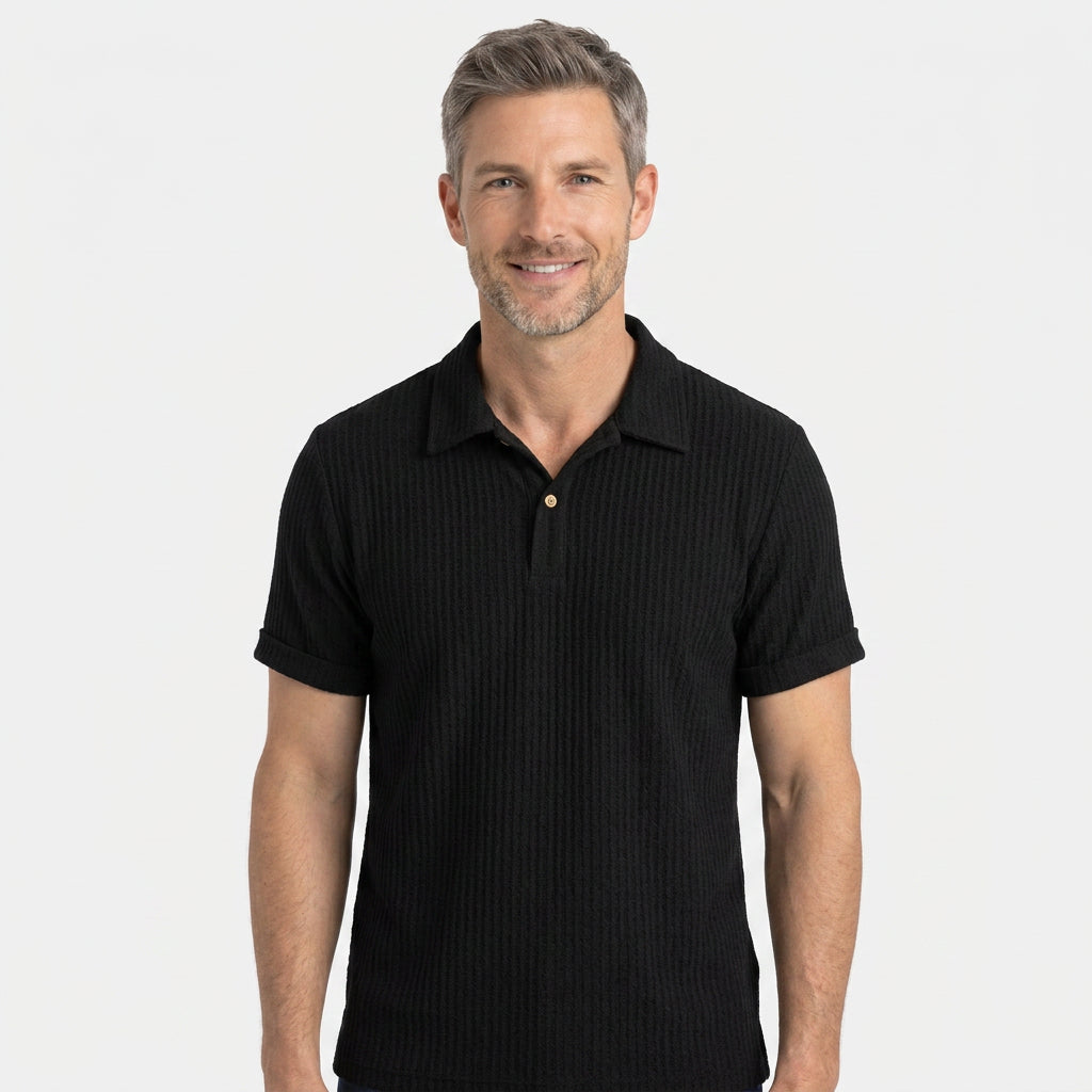Waffle Knit Short Sleeve Polo Shirt with Open Collar