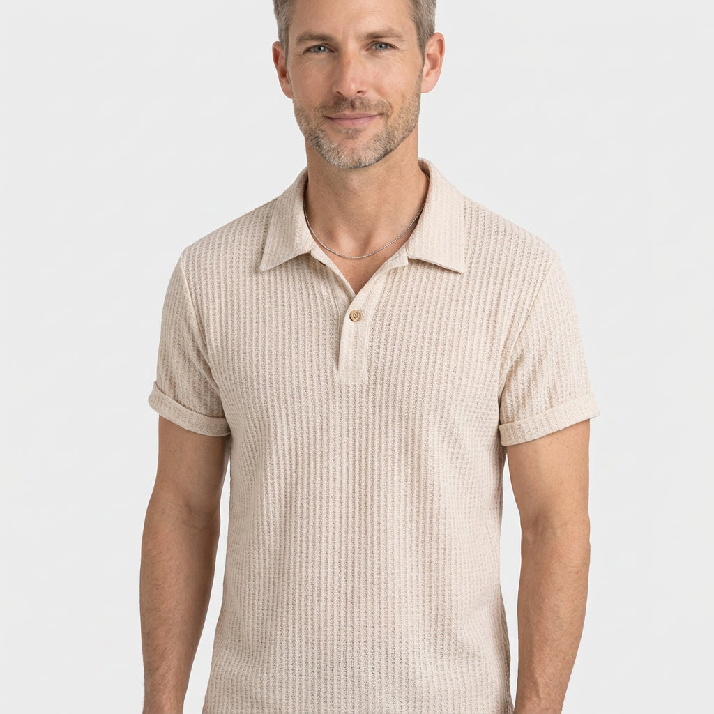Waffle Knit Short Sleeve Polo Shirt with Open Collar
