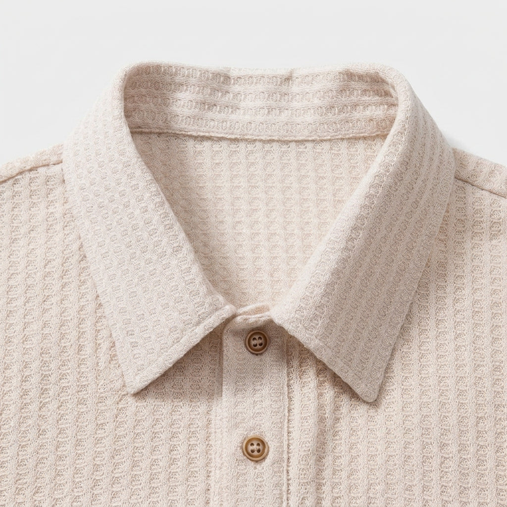 Waffle Knit Short Sleeve Polo Shirt with Open Collar