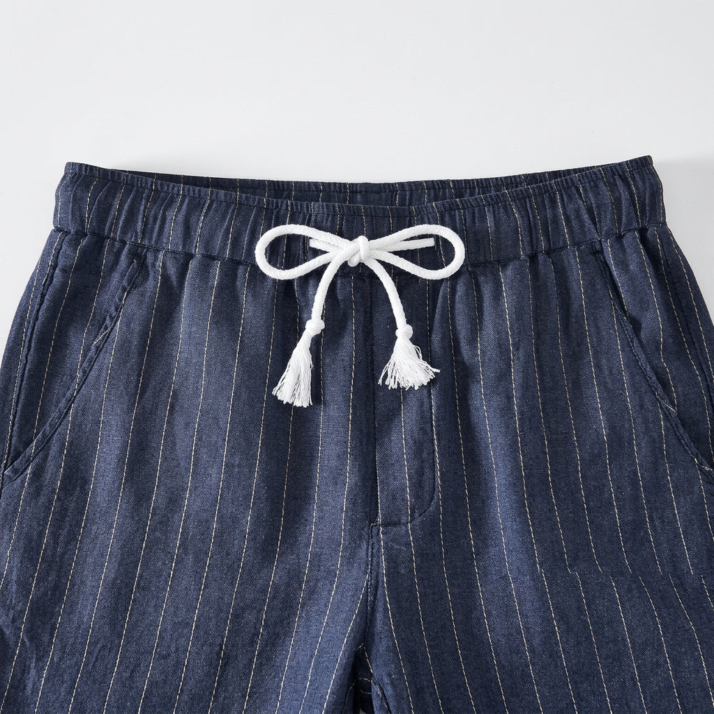 Striped Linen Drawstring Shorts with Turn-Up Hem