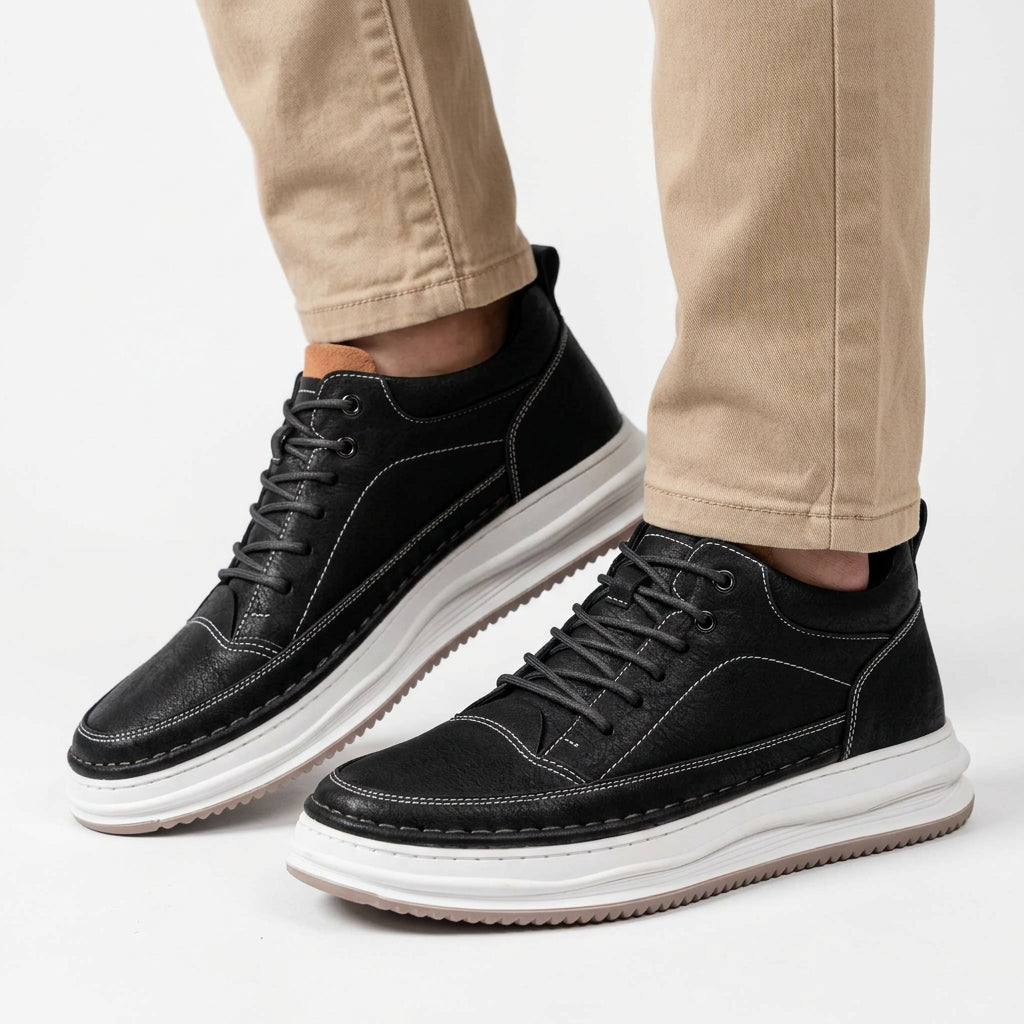 Leather Lace-Up Casual Sneakers with Chunky Sole