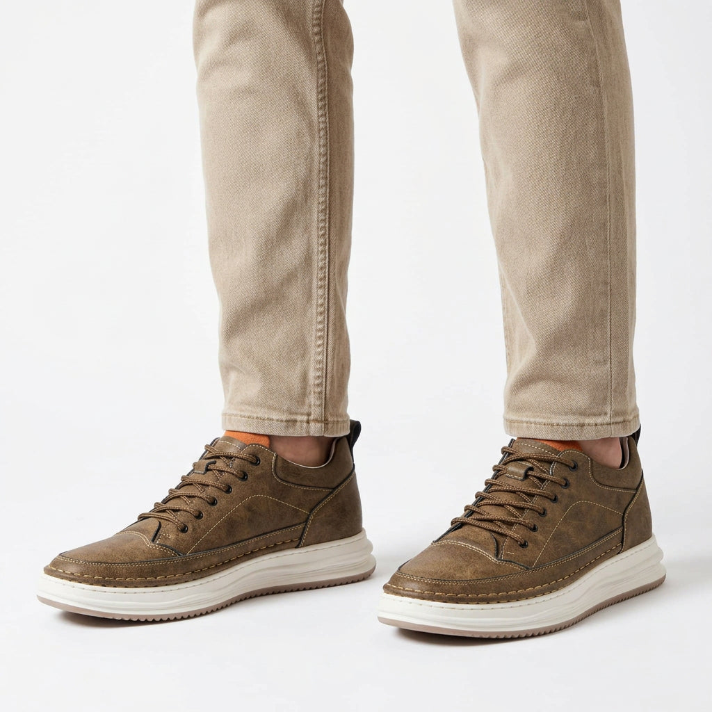 Leather Lace-Up Casual Sneakers with Chunky Sole