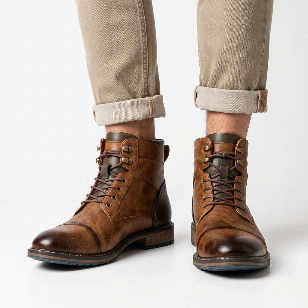 Cap-Toe Leather Lace-Up Combat Boots with Lug Sole