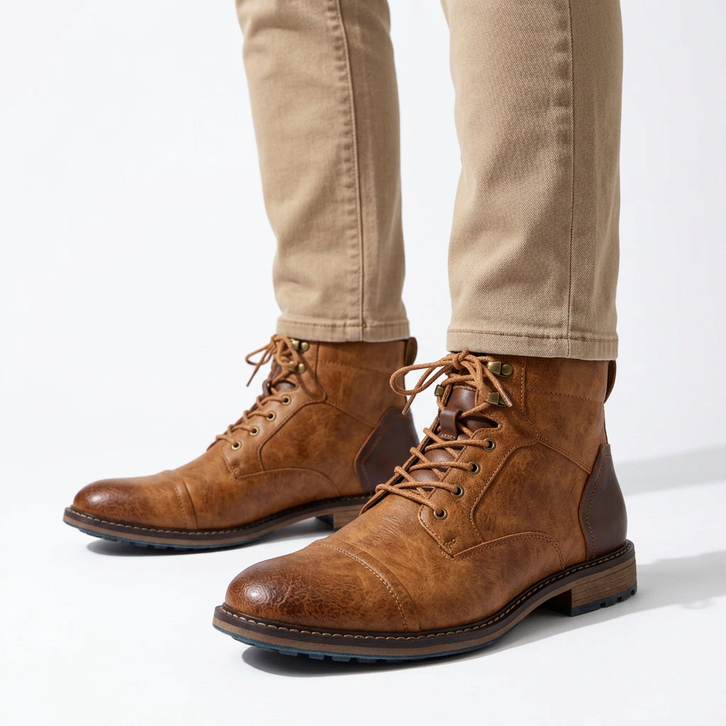 Cap-Toe Leather Lace-Up Combat Boots with Lug Sole